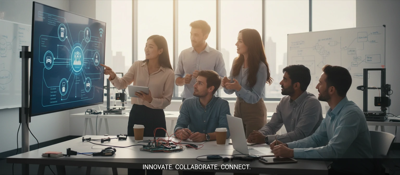 An inspirational image of a diverse group of professionals collaborating on an IoT project