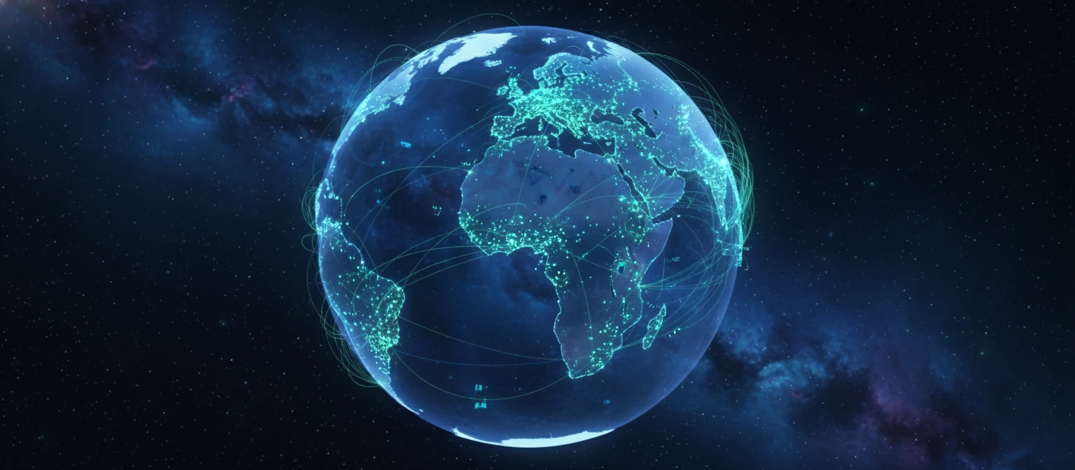 Animated globe with glowing dots connecting offshore locations