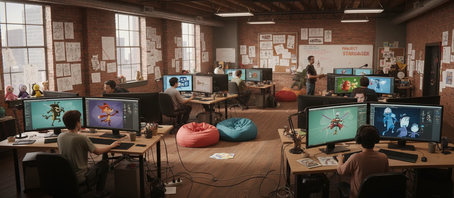 Animation studio workspace with artists at workstations, storyboards on walls, and animated characters on screens