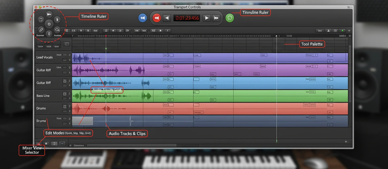 Annotated screenshot of Pro Tools Edit window showing timeline