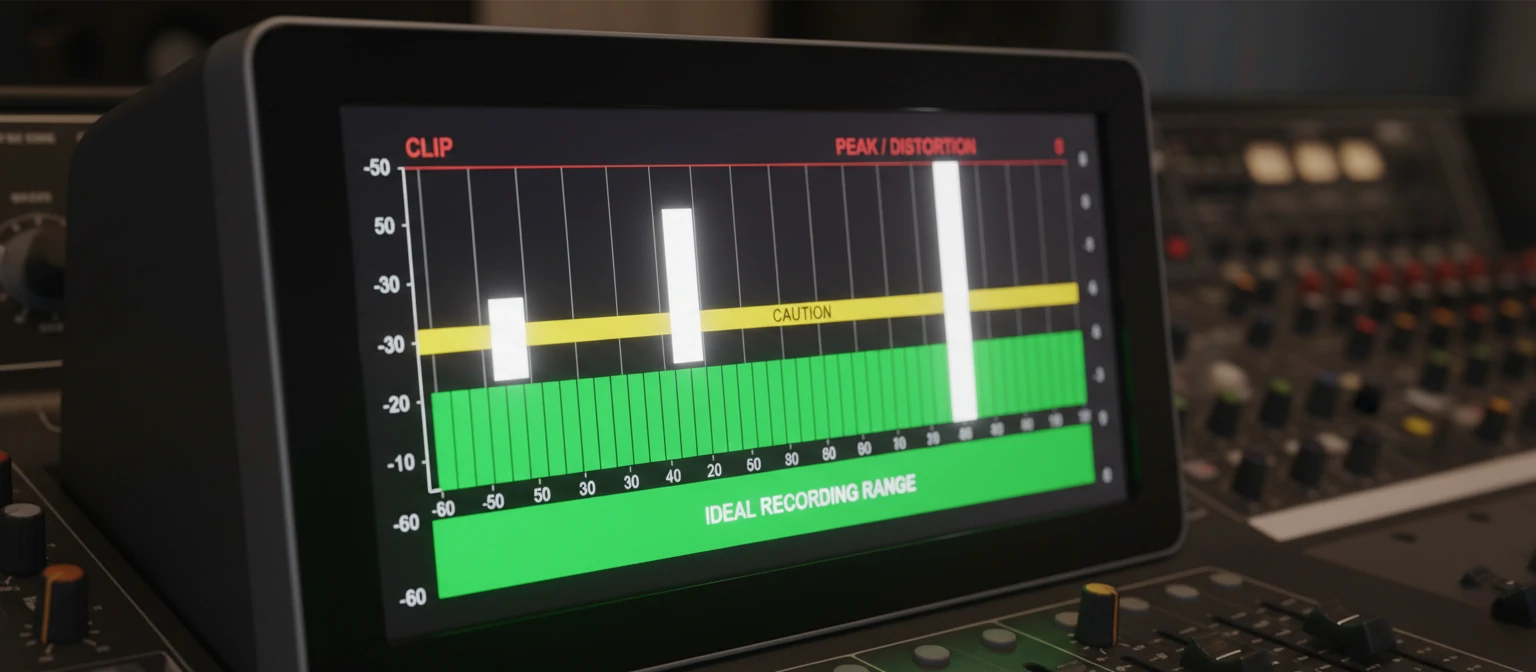 Audio meter visualization showing the ideal recording range with green, yellow, and red zones clearly marked with dB levels