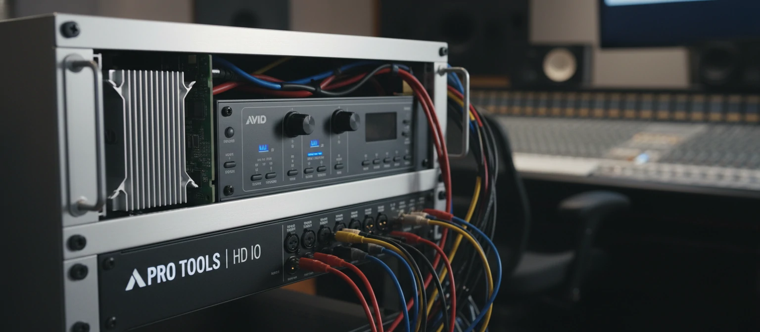Avid HDX card and HD IO interface in a professional studio rack alongside Pro Tools interface