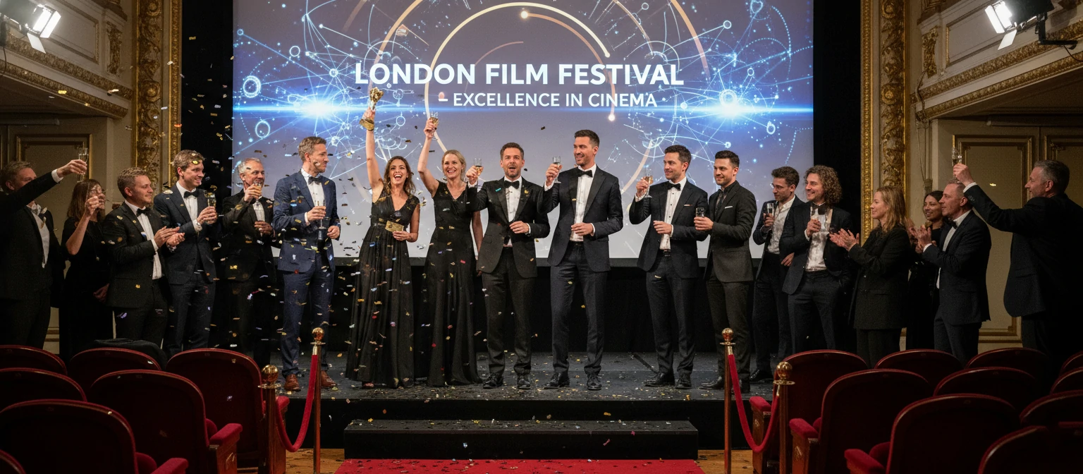 Award ceremony at a London film festival with filmmakers and editors celebrating