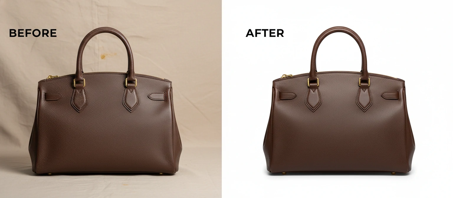 Before-after comparison of product retouching showing a handbag