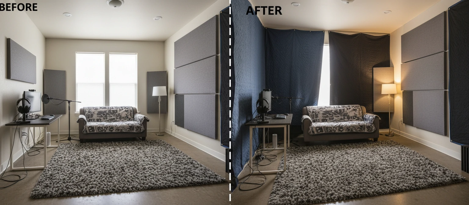 Before-after comparison showing an untreated room vs. the same room with acoustic panels, blankets on walls, and a rug