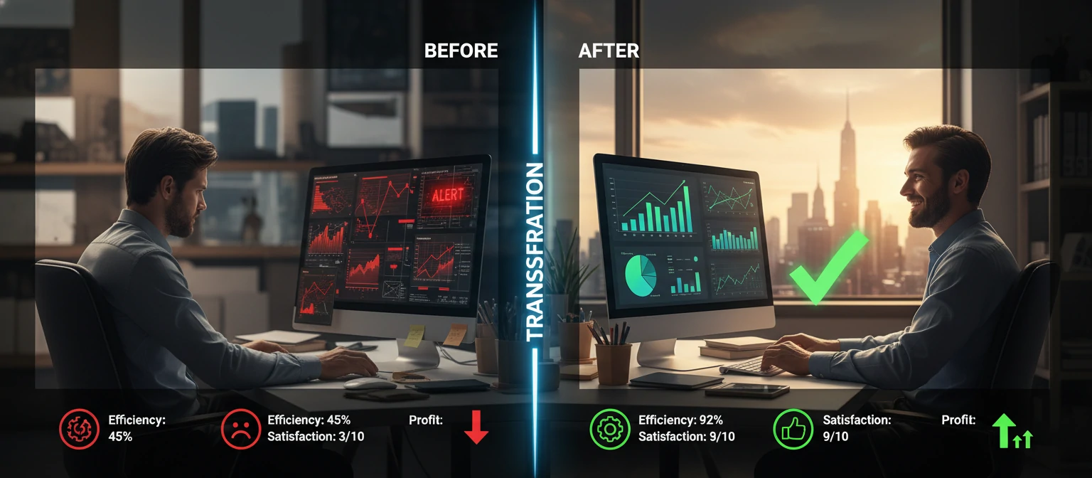 Before-after screenshots with metrics