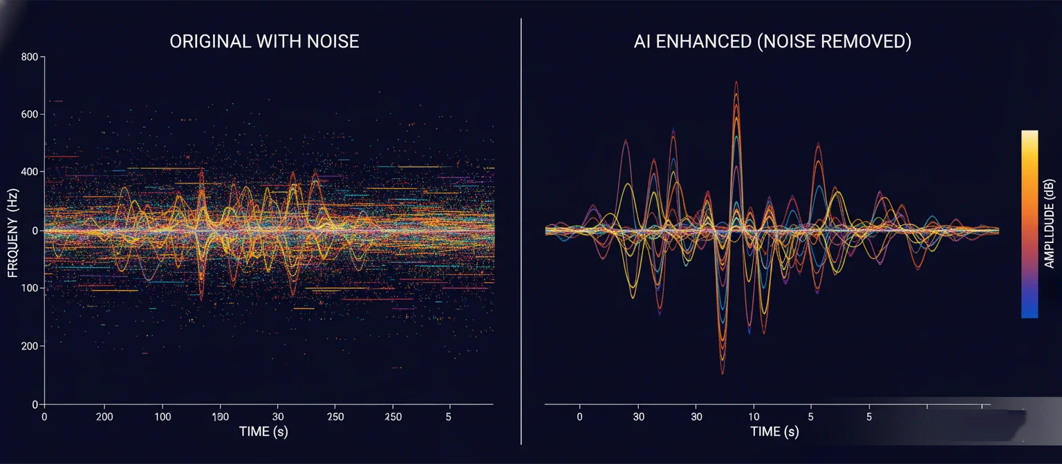 Before-after spectrogram comparison showing AI noise removal