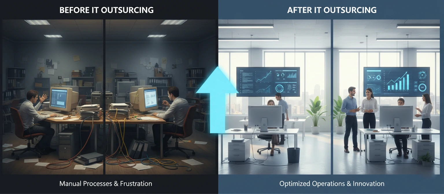 Before-and-after comparison showing business growth after implementing IT outsourcing