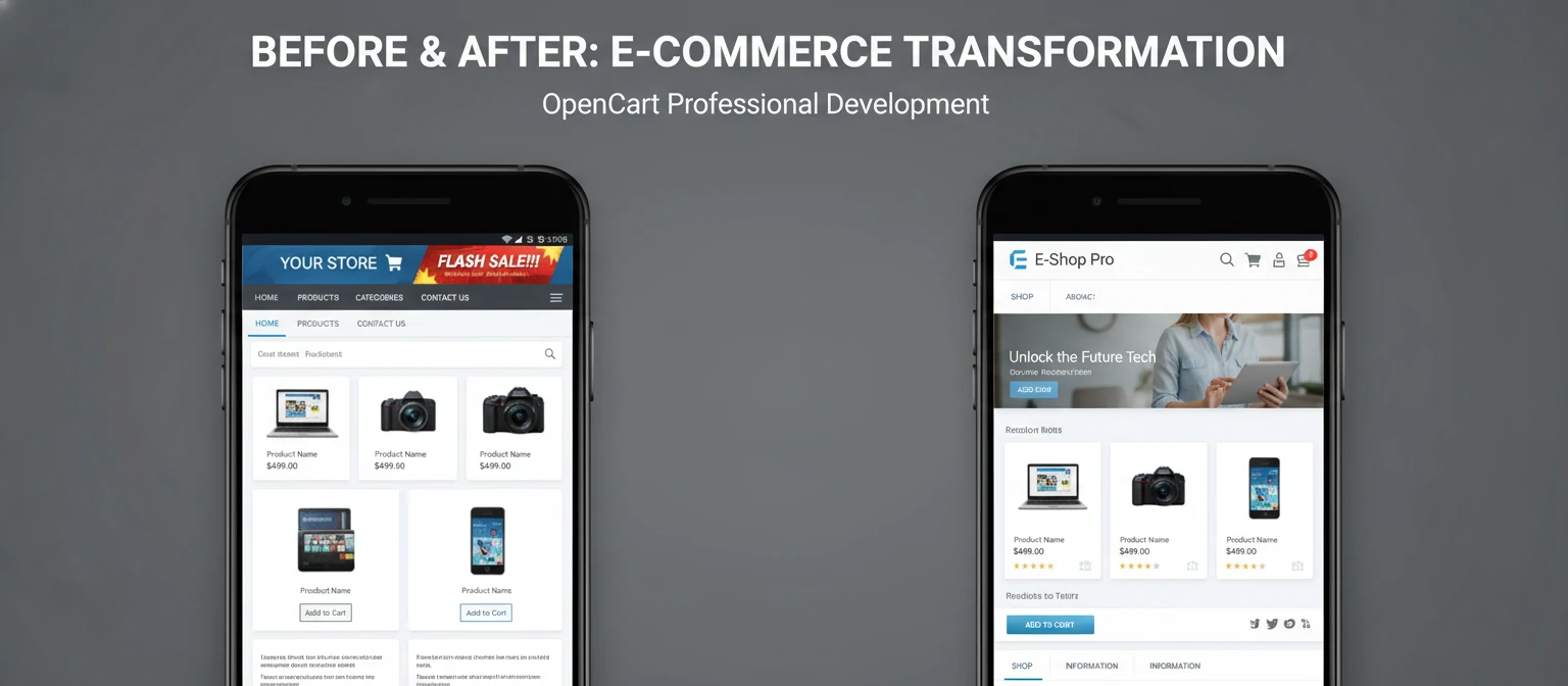 Before and after screenshots of an OpenCart store transformation through professional development