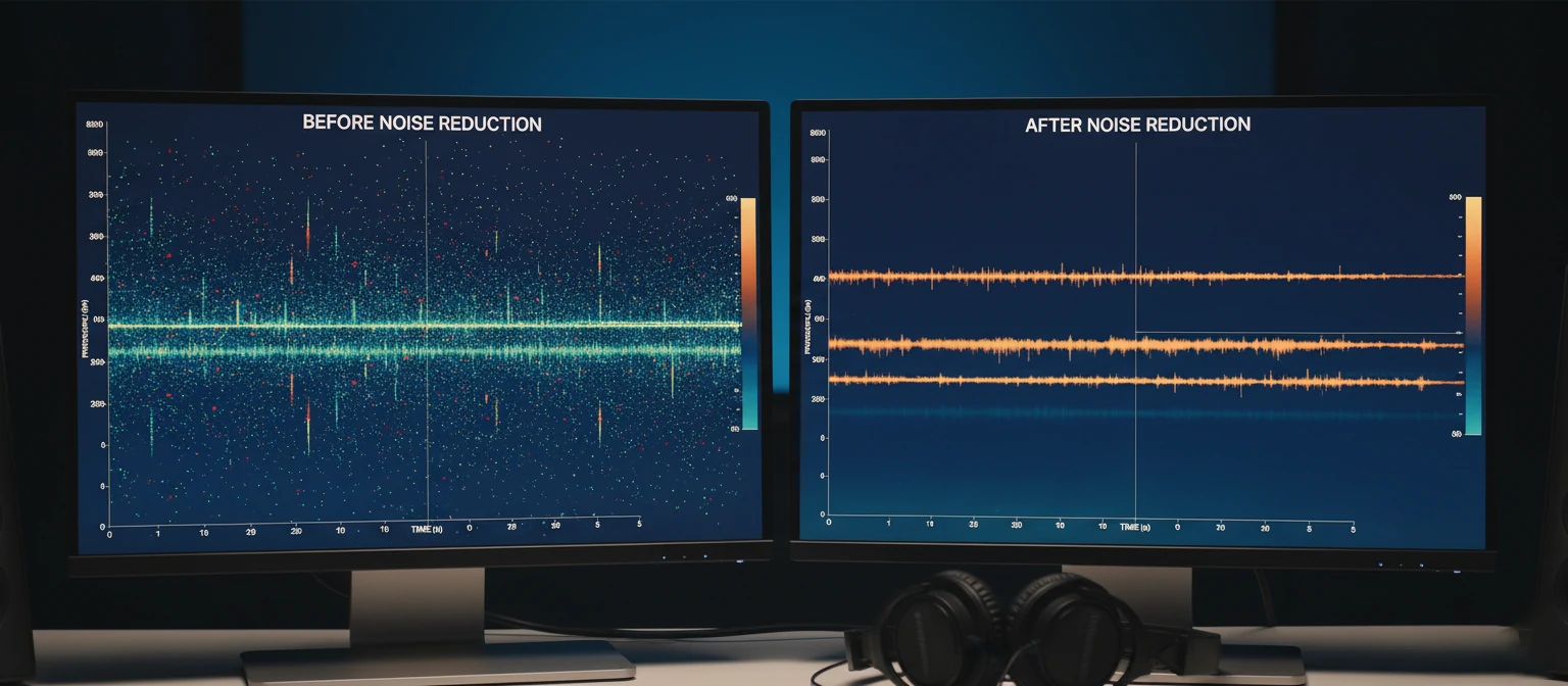 Before and after spectral view comparison showing noise reduction applied to a voice recording