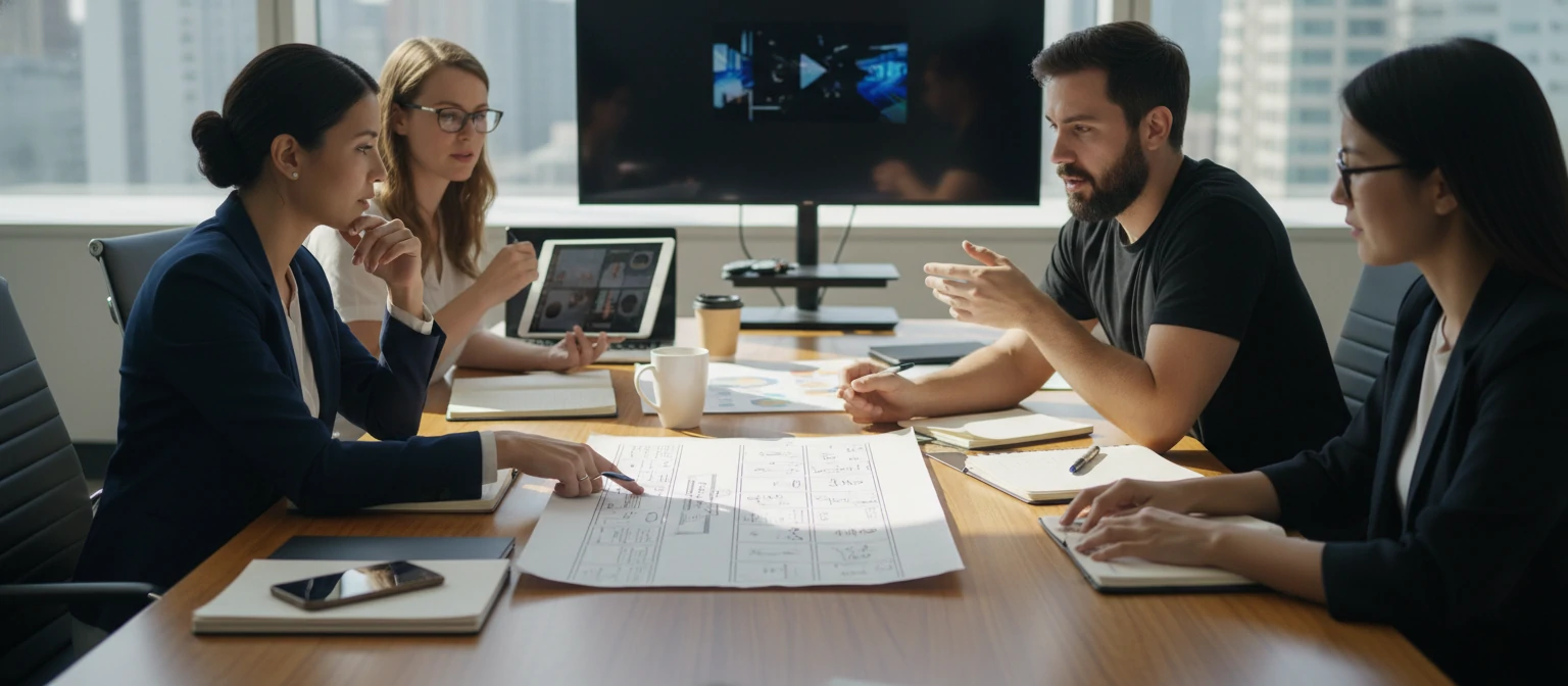 Business meeting scene with a client and video production team at a conference table