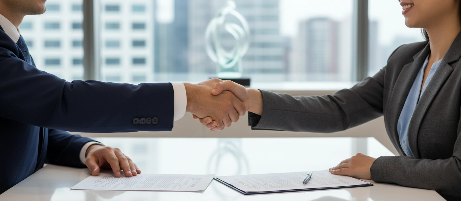 Business professionals shaking hands over contract documents