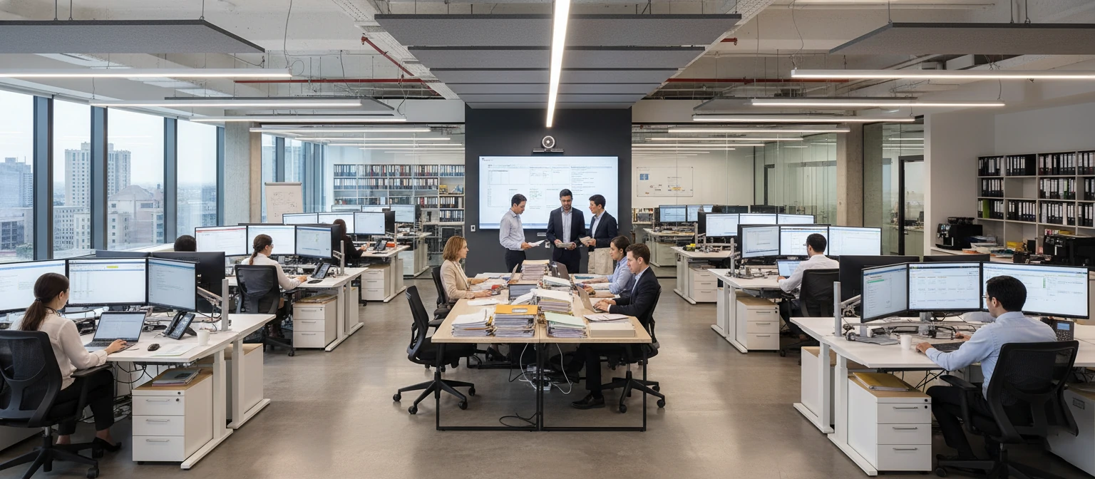 Busy office workers handling administrative tasks in a modern workspace
