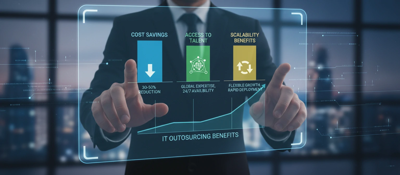 Chart showing cost savings, access to talent, and scalability benefits of IT outsourcing