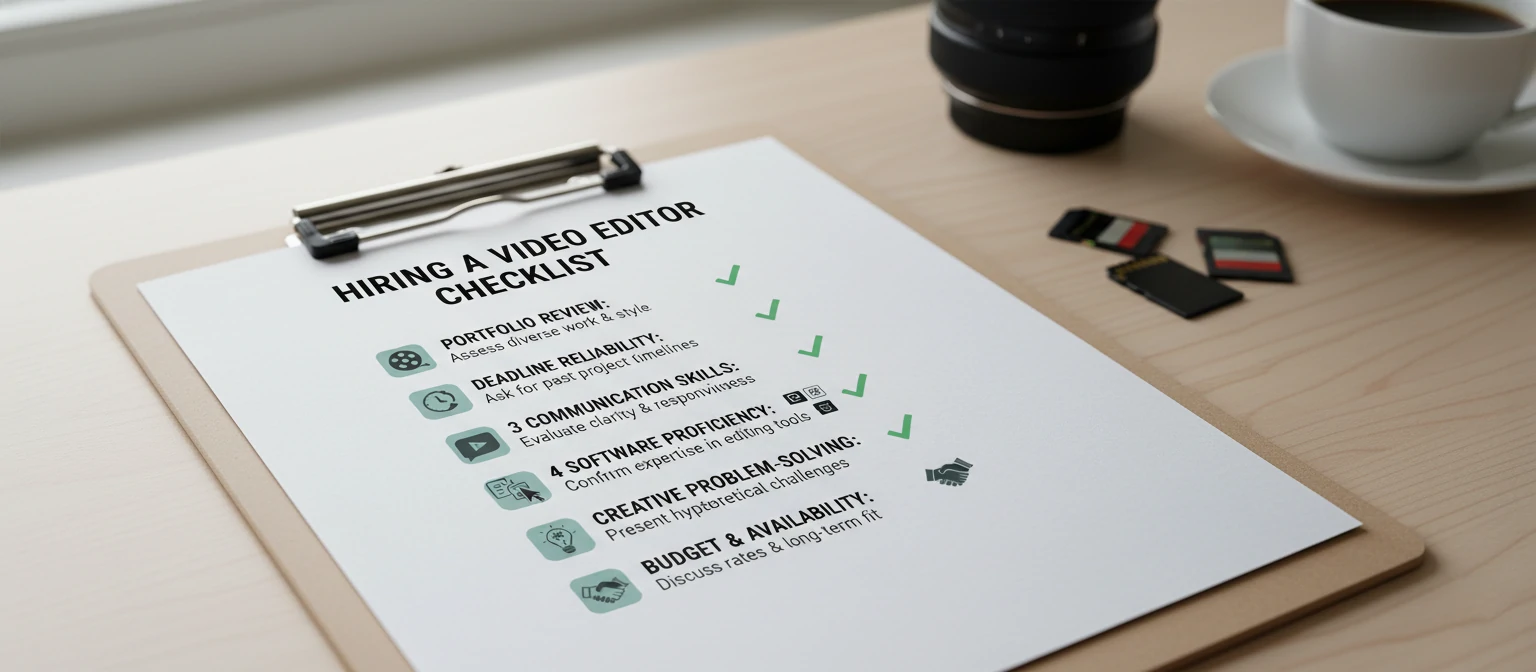 Checklist graphic for hiring a video editor, with icons for each tip
