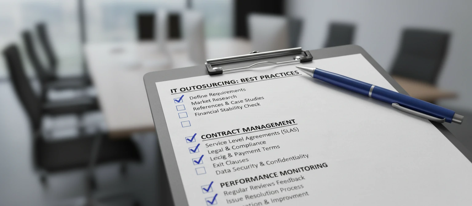 Checklist graphic with best practices for IT outsourcing like vendor selection