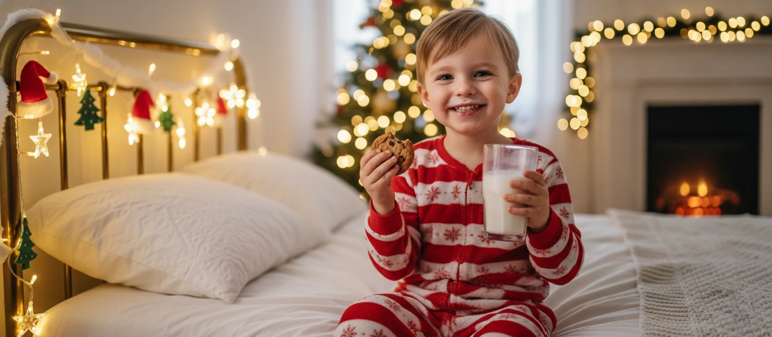 Child in pajamas, holding a cookie and glass of milk