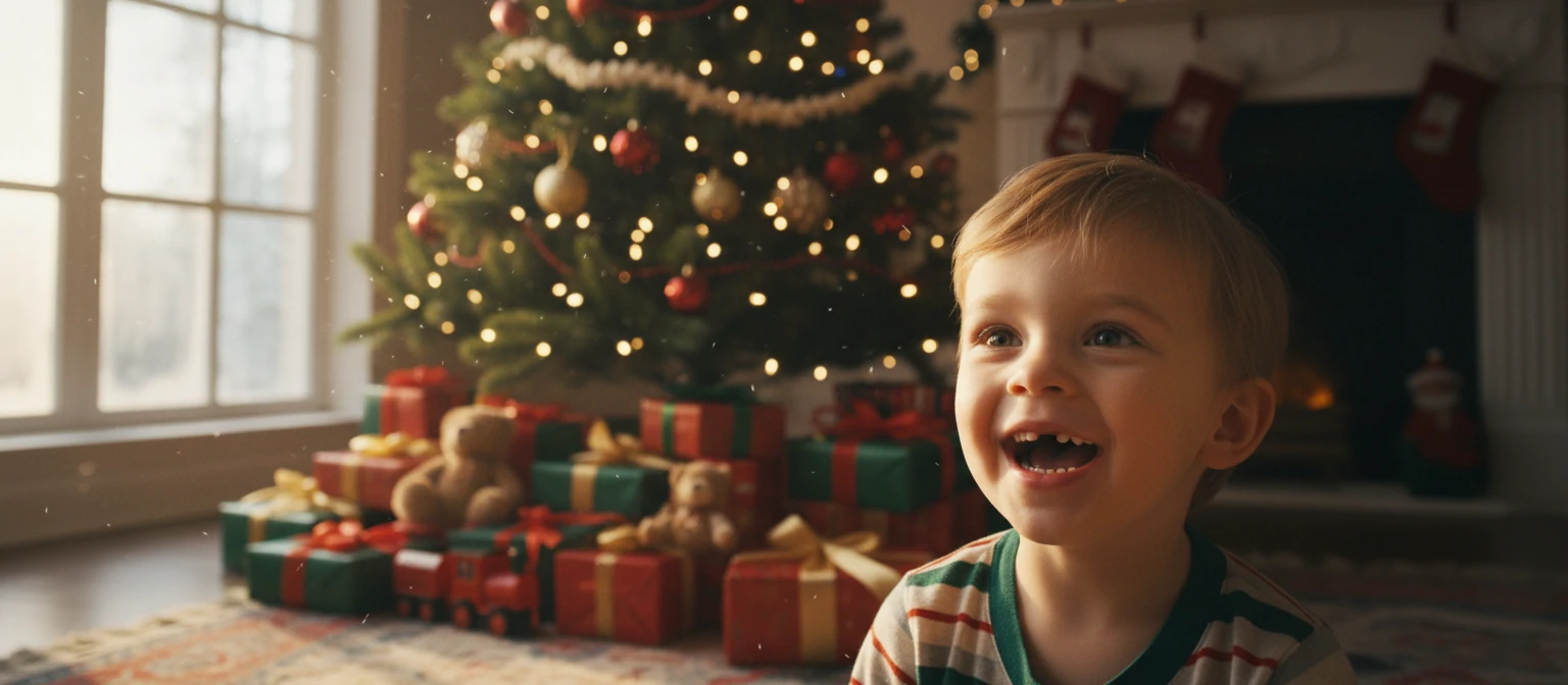 Child's face lighting up seeing presents under the tree