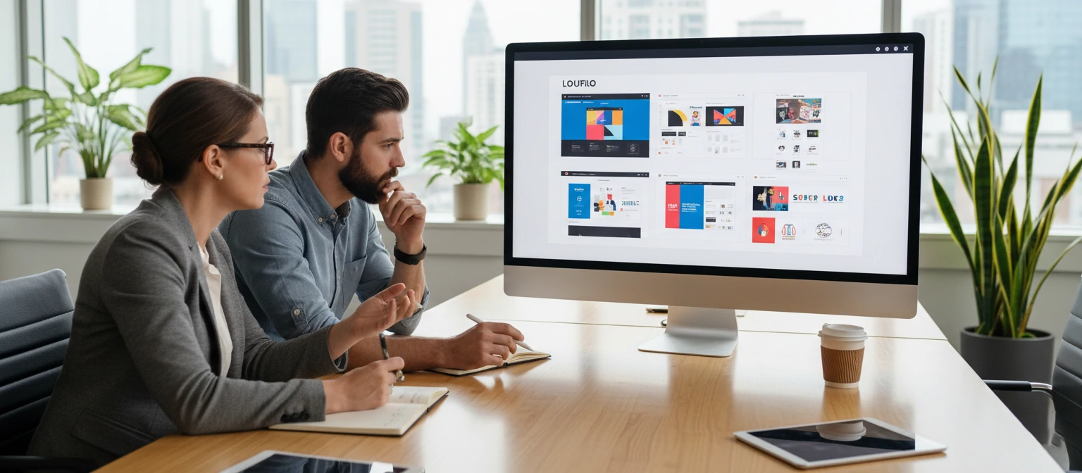 Client evaluating graphic designer portfolio during consultation meeting