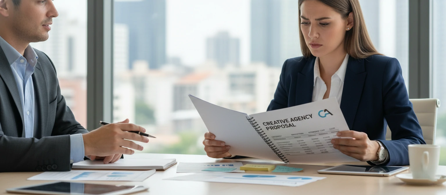 Client reviewing creative agency pricing proposal and project scope
