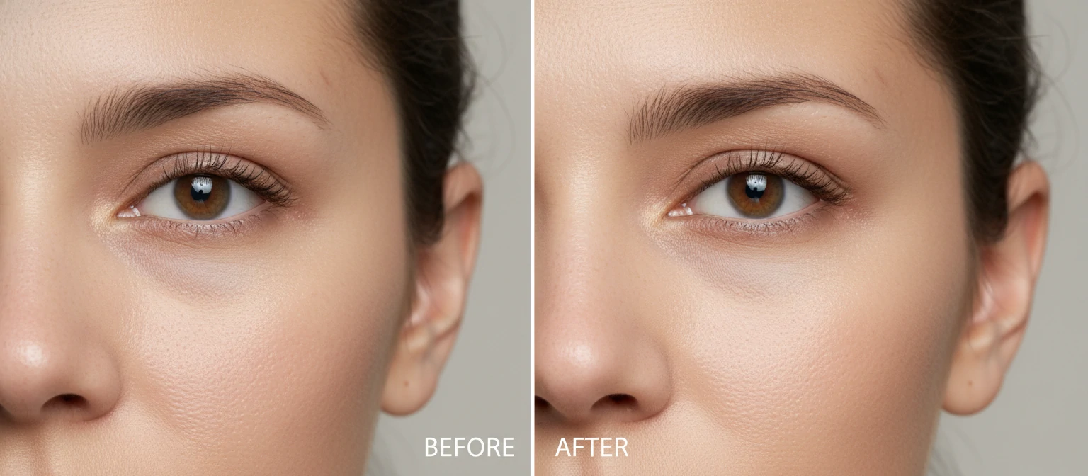 Close-up before-after of professional portrait skin retouching showing natural texture preserved while evening skin tone