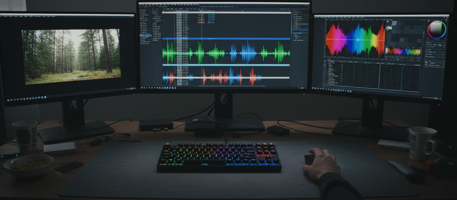 Close-up of a video editor's hands on a keyboard and mouse