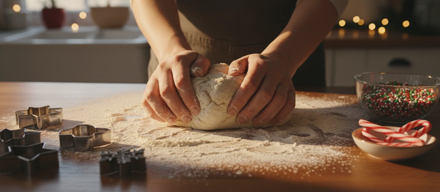 Close-up of hands kneading dough on a floured countertop