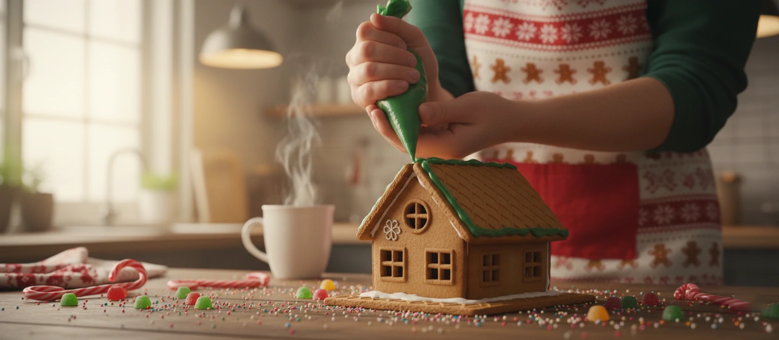 Close-up of hands piping green icing on a gingerbread house, colorful candies scattered around