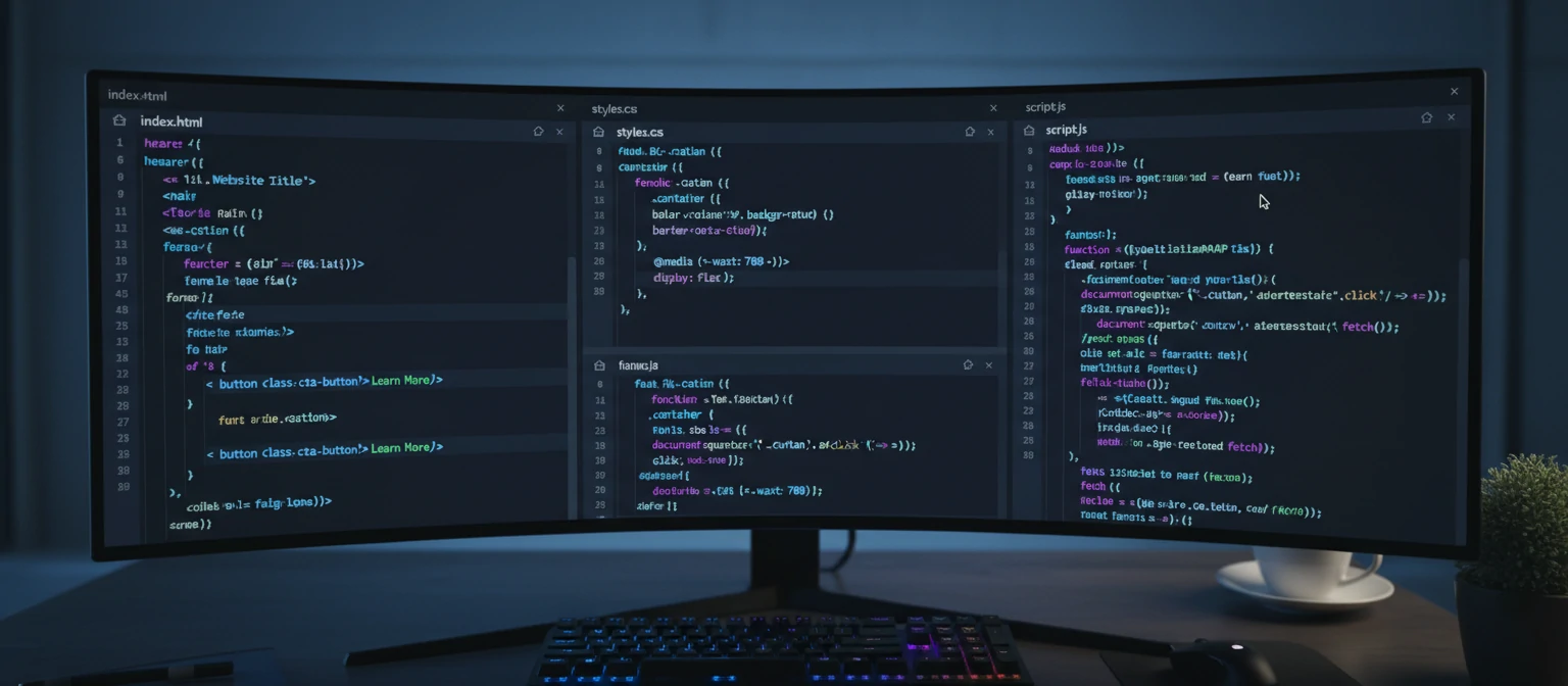 Code editor showcasing HTML, CSS, and JavaScript magic