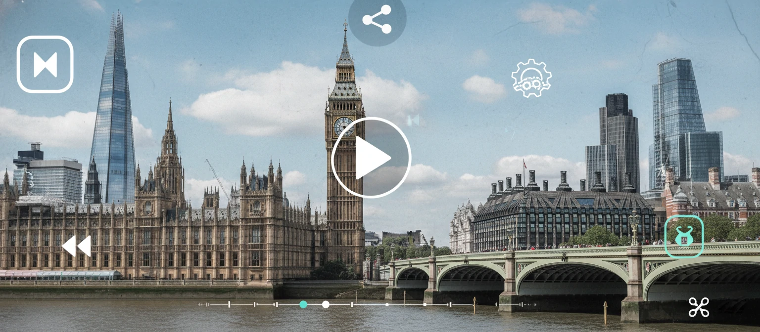 Collage of London landmarks like Big Ben, the Thames, and modern skyscrapers, with video editing icons integrated into the scene