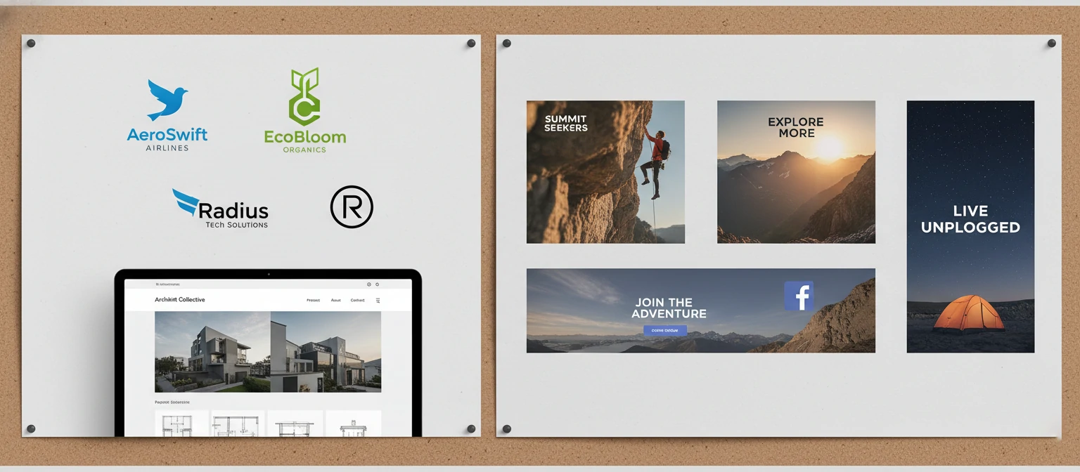 Collage of different types of graphic design work including logos, websites