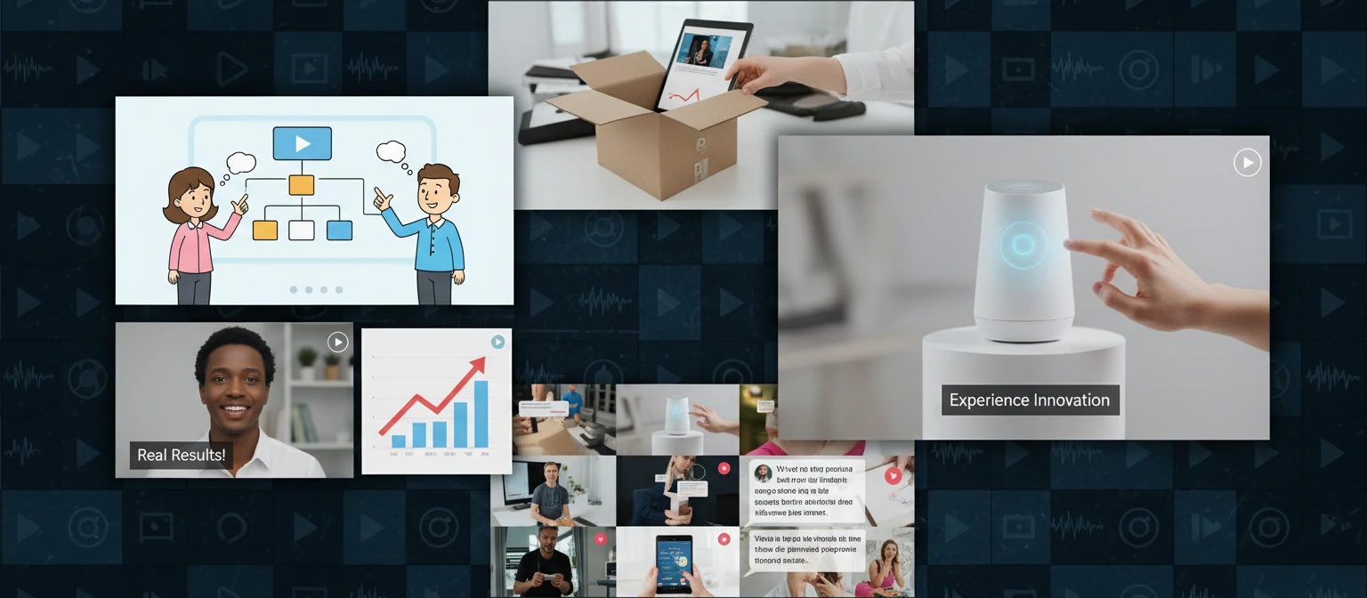 Collage of different video marketing types including explainer videos