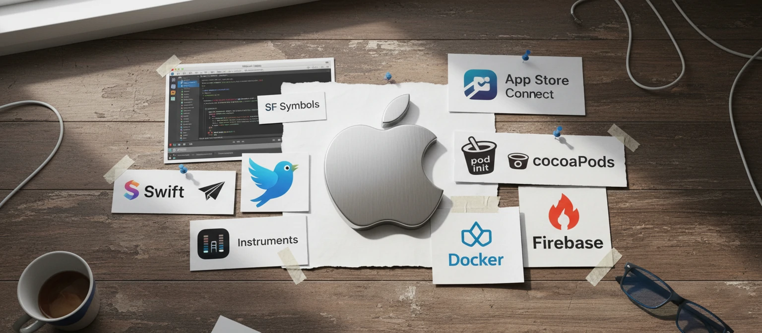 Collage of iOS dev tools and logos