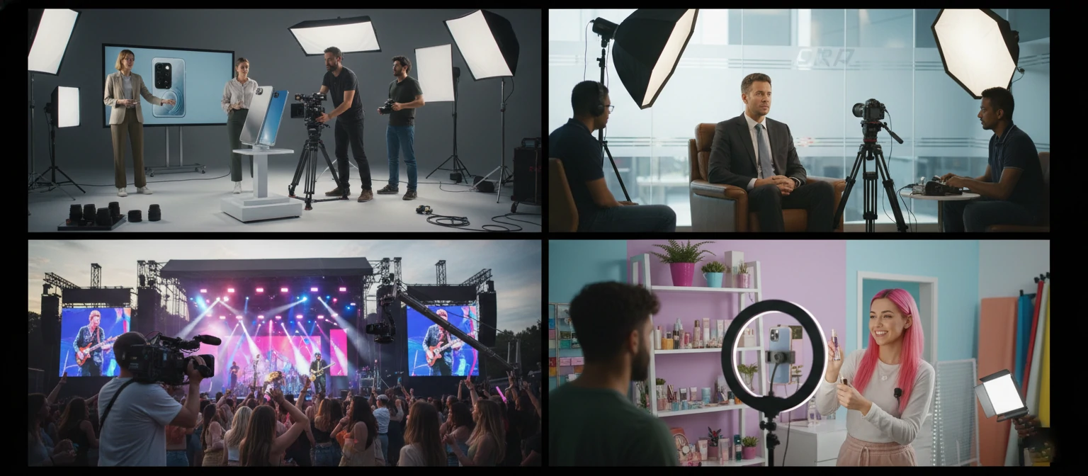 Collage showing different video production scenarios