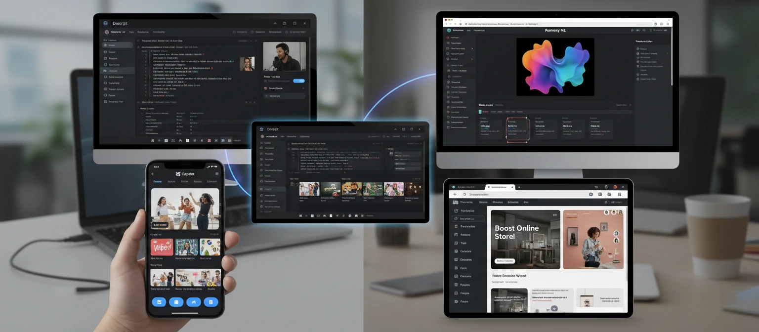 Collage showing interfaces of Descript, Runway, CapCut, and Kapwing