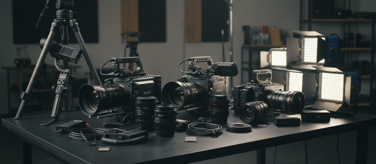 Collection of professional videography equipment including cameras