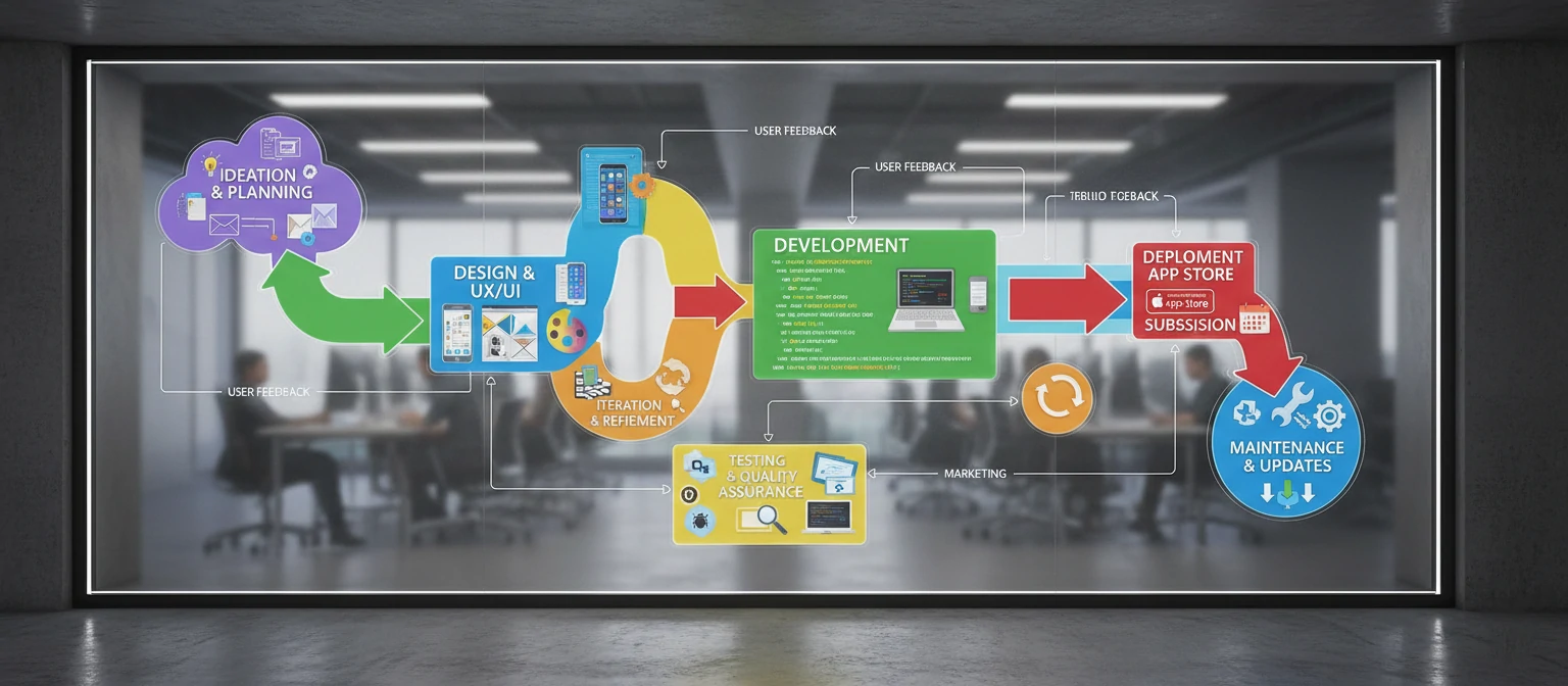 Colorful flowchart of the app development cycle