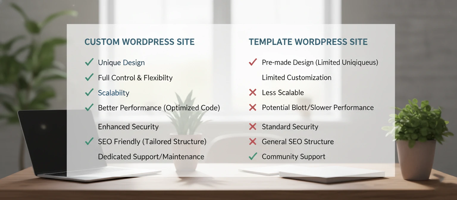 Comparison chart showing advantages of custom WordPress development