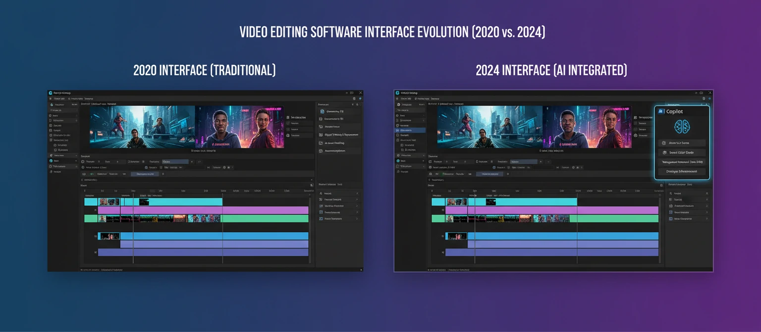 Comparison graphic showing the evolution of video editing software interfaces