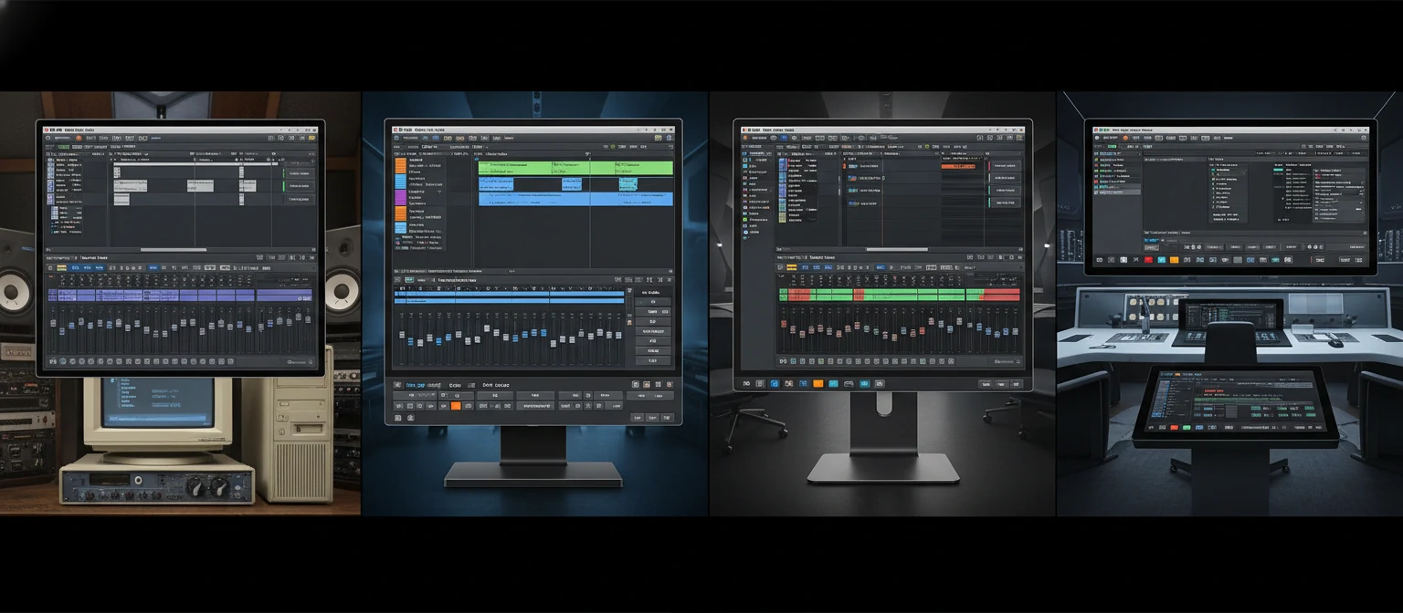 Comparison showing Pro Tools interface evolution from 1991 to present day