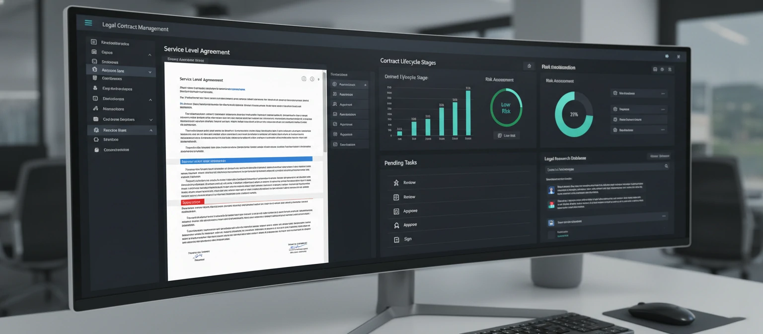 Computer screen displaying contract management software and legal tools