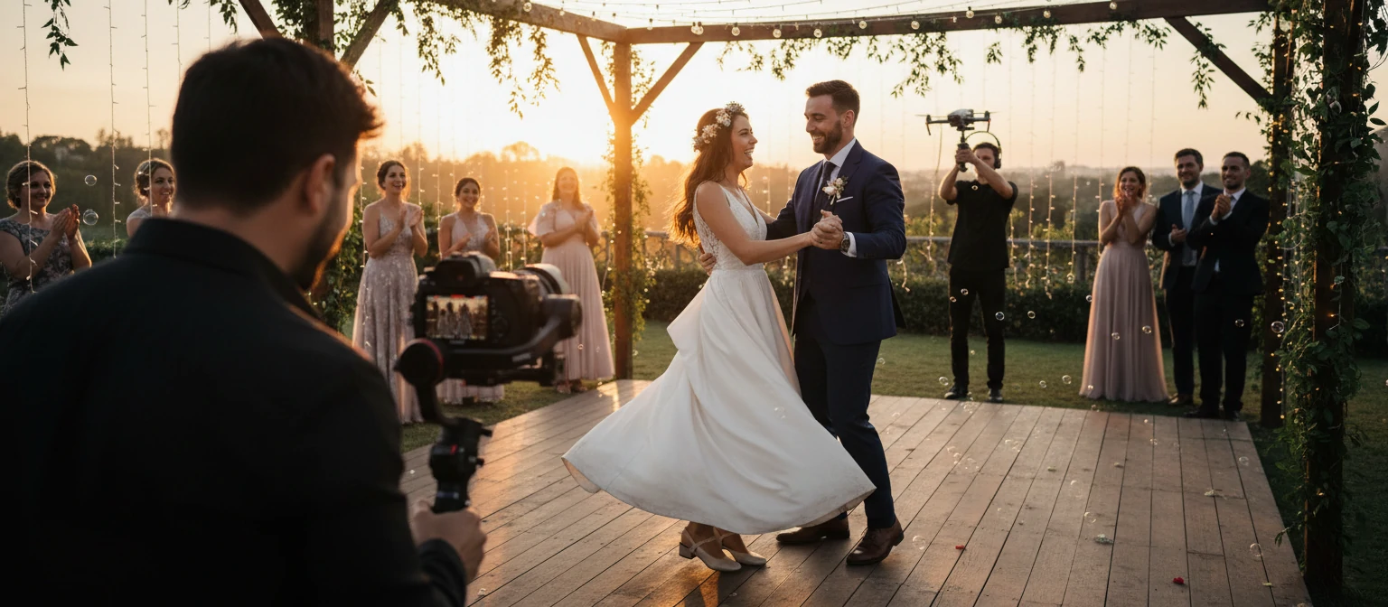 Couple dancing at wedding with videographer filming