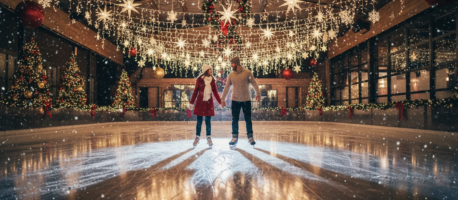 Couple skating hand in hand, rink lights reflecting on ice, holiday decorations around