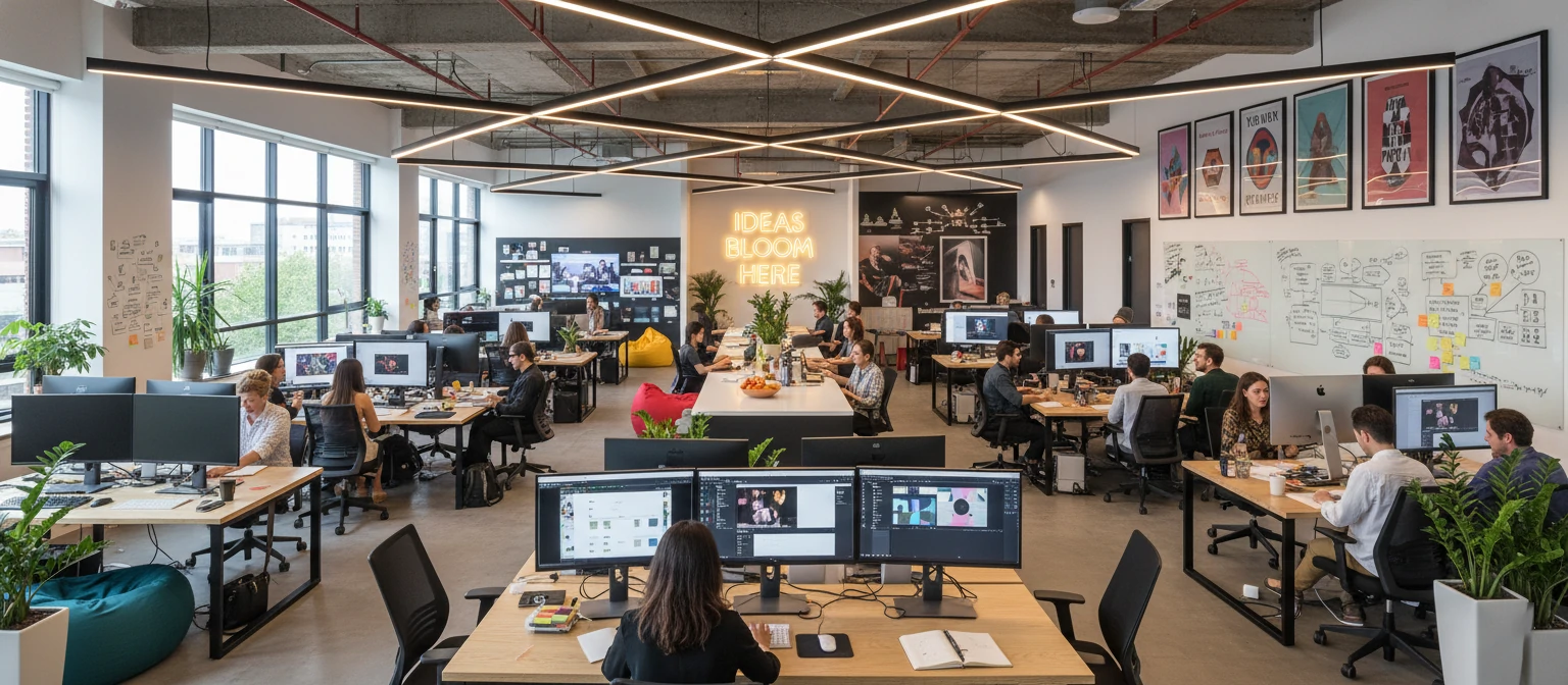 Creative agency team collaborating in modern open office space