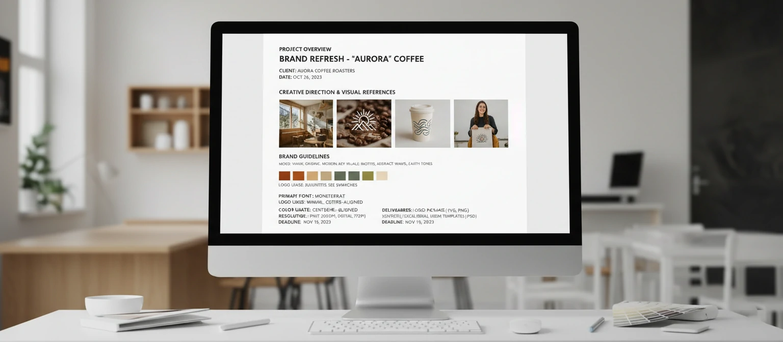 Creative brief template with sections filled in, showing reference images, brand guidelines