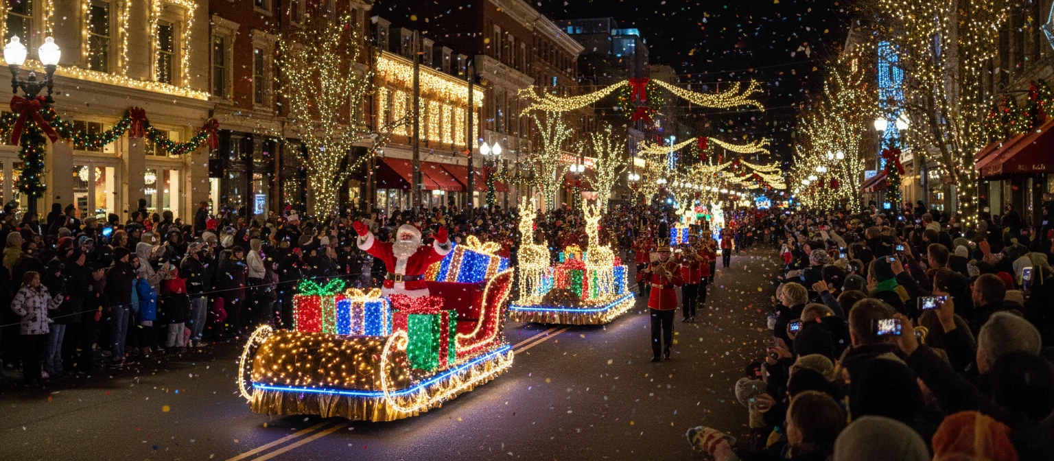 Crowd watching parade, floats with lights and Santa, marching band, night time