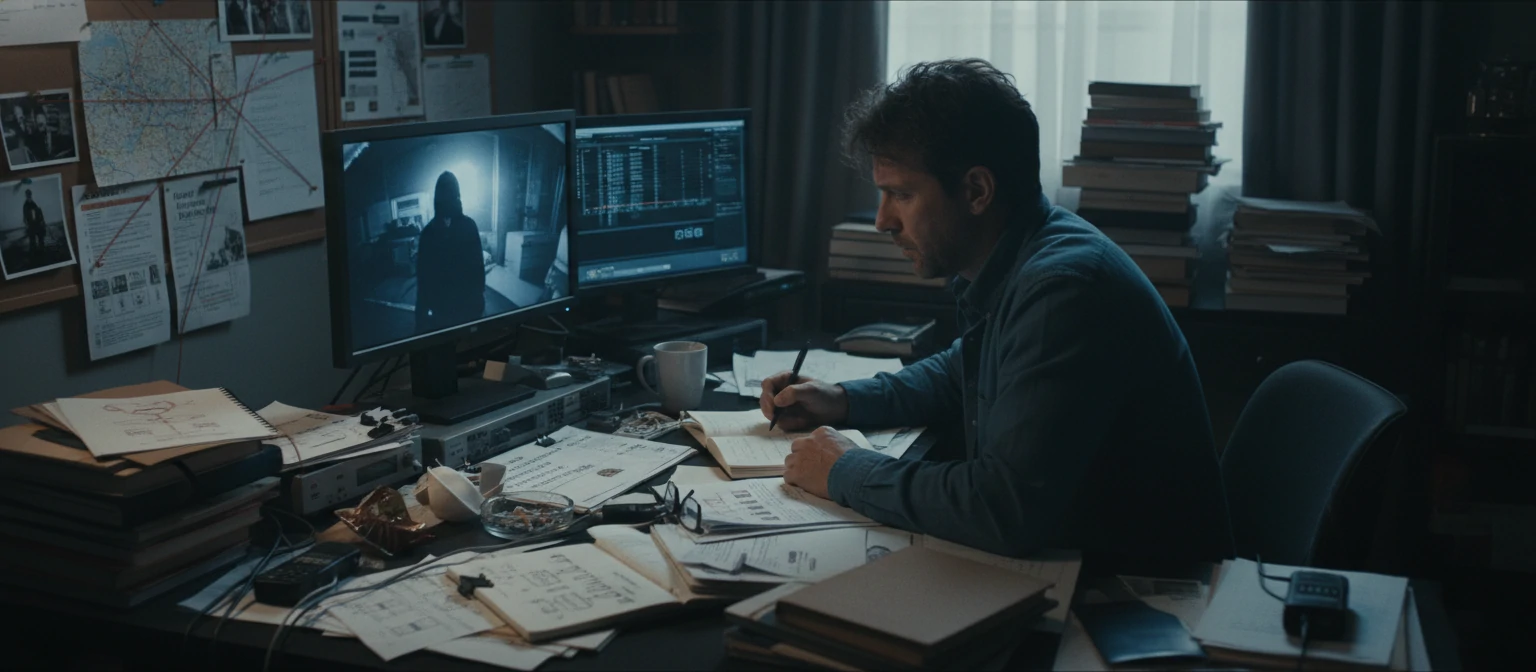 David in a dimly lit room reviewing footage with notebooks and research materials scattered around
