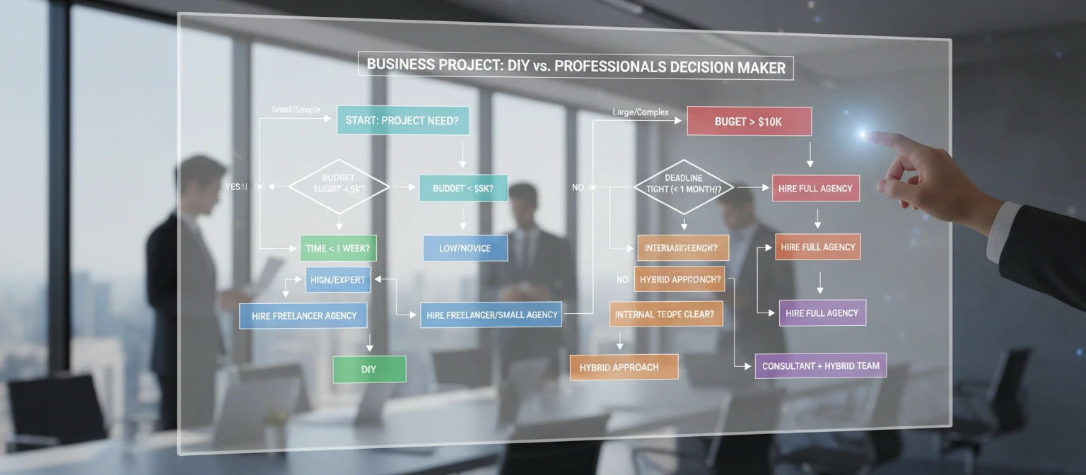 Decision tree flowchart helping businesses determine whether to DIY or hire professionals based on budget