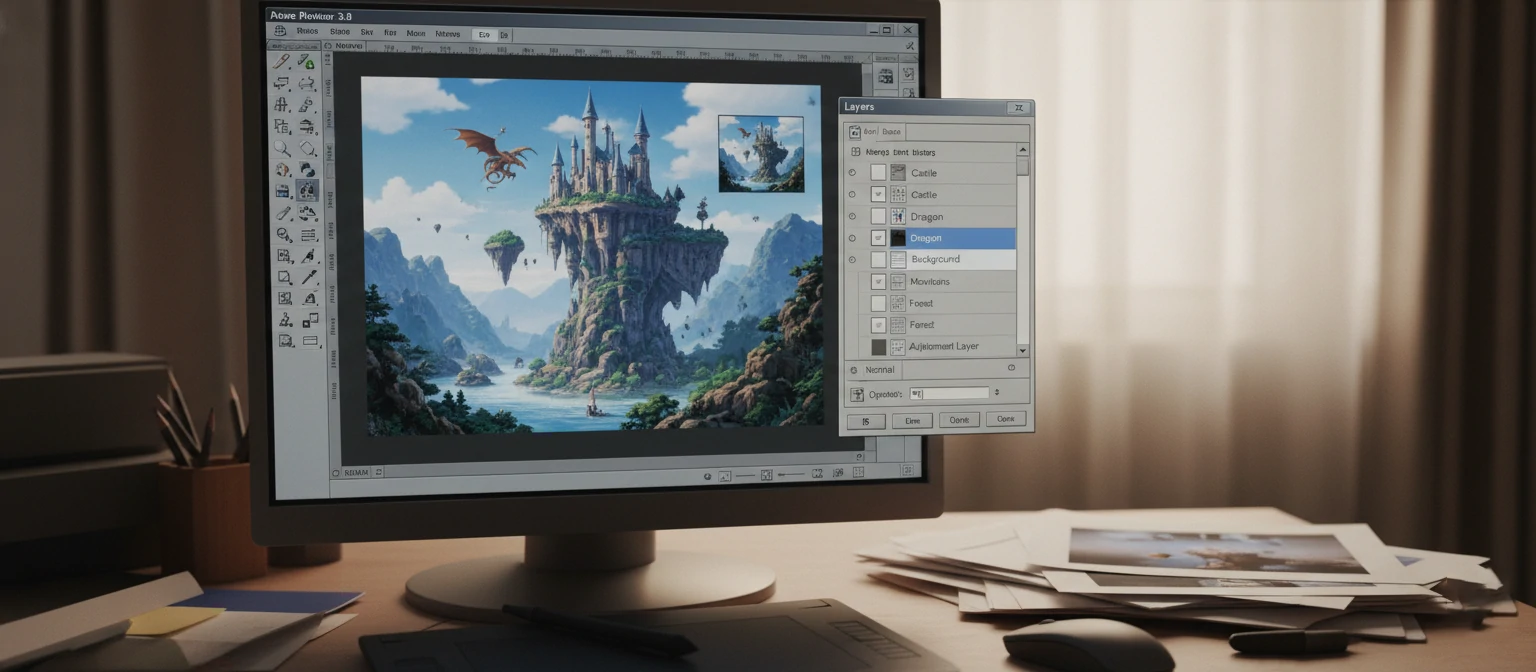 Demonstration of layers in Photoshop 3.0