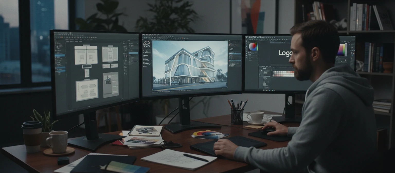 Designer working on a computer with multiple screens displaying design software